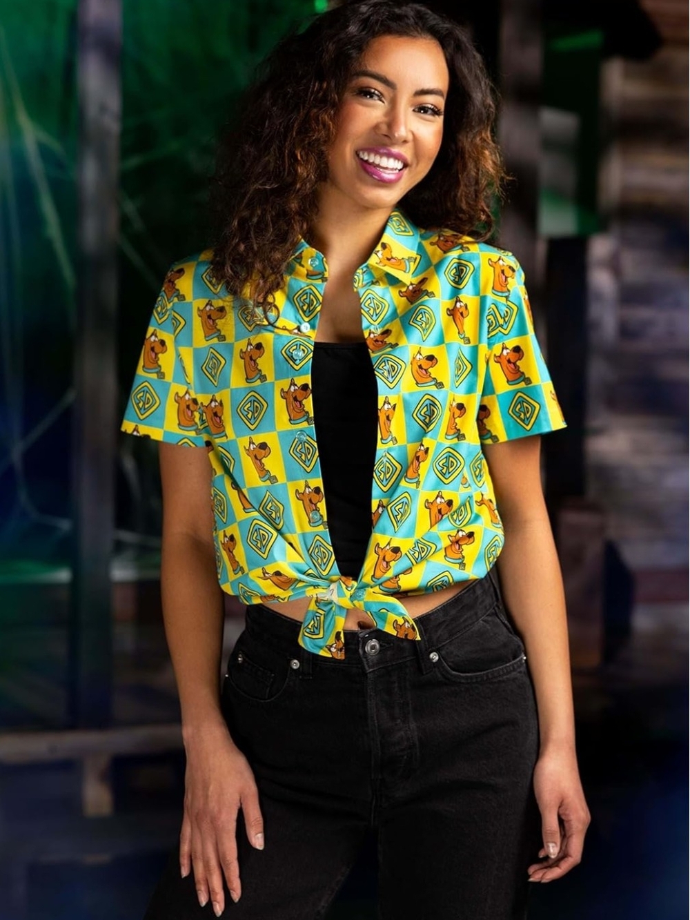 Unisex Yellow & Teal Scooby Doo Graphic Button-Down Top